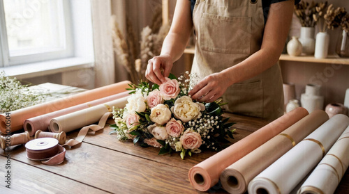 Florist arranging fresh roses and peonies bouquet in workshop, copy space