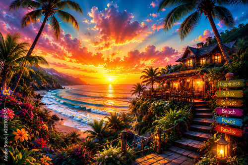Tropical Paradise Sunset Over Luxury Beach House