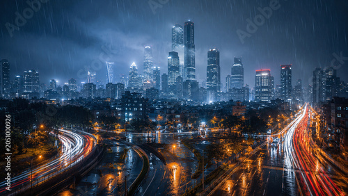 Global Megacity Skyline at Night in Heavy Rain – Light Trails and Skyscrapers in Dramatic Monsoon Storm