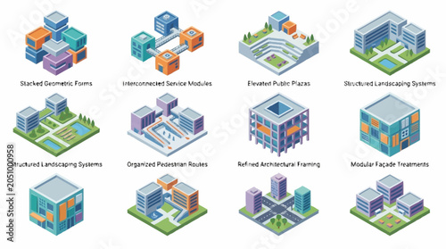 Photos Set of isometric architectural building blocks and urban planning design elements for modern city development