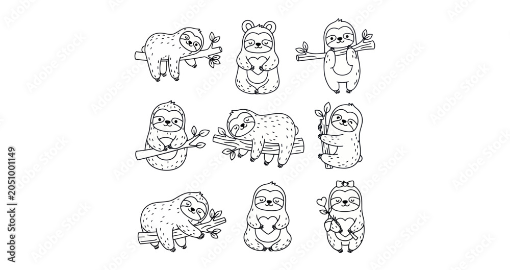 Fototapeta premium Cute Hand-Drawn Sloth Line Art Collection