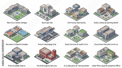 Set of isometric city buildings representing various public services and municipal infrastructure facilities.