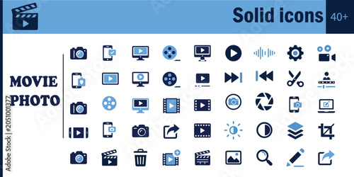 Multimedia icon set film photography video editing playback symbols