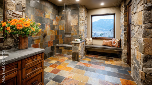 Luxury rustic bathroom interior featuring slate tile walls, a walk-in shower with a stone bench, and a window seat with mountain view