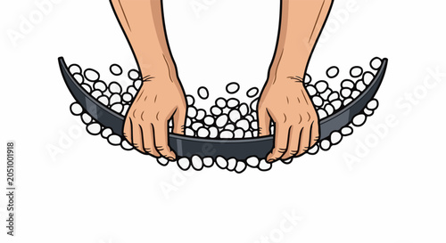 Hands holding a curved object with white spheres