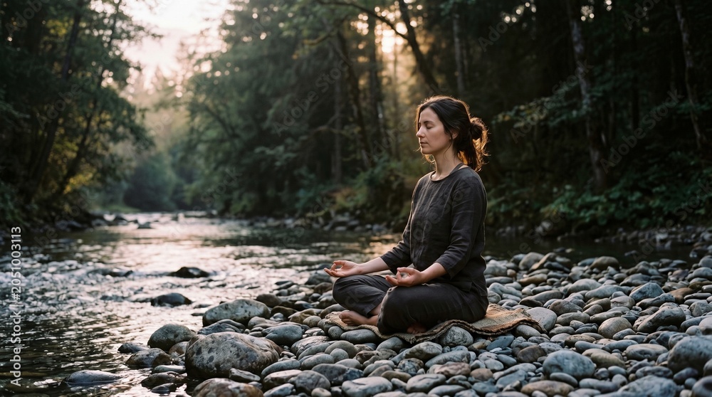 Fototapeta premium Woman meditating in lotus pose by forest river, peaceful mindfulness practice on rocky bank, golden hour light, zen wellness, International Yoga Day, spiritual tranquility, nature.