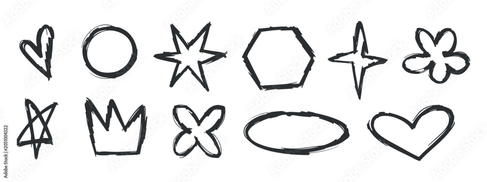 Fototapeta premium Hand drawn brush stroke icons set of hearts stars shapes and symbols