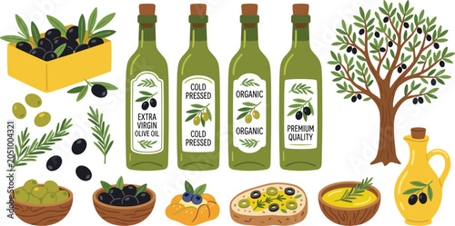Cuadro en lienzo Hand Drawn Organic Olive Oil Vector Illustration Set with Extra Virgin Bottles,