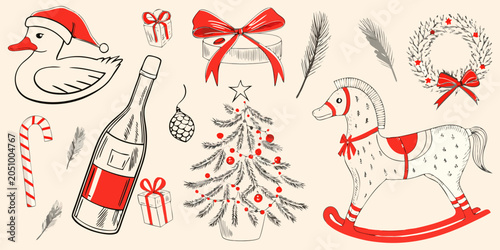 Obraz na plátně Holiday Elements Collection Red And Gray Sketch Illustration
