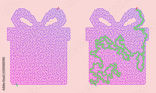 Maze puzzle activity featuring gift box design in pink and green  