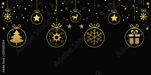 Golden Christmas Ornaments And Snowflakes Vector Illustration On Black Background