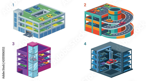 Obraz na plátně Isometric Parking Garages Collection Colorful Vector Illustration
