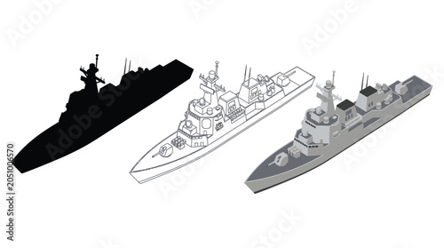 Foto Naval Destroyer Ship Silhouette Line Drawing And 3d Rendered Versions