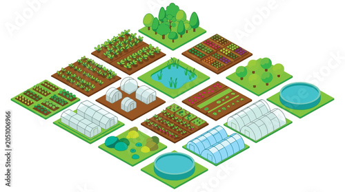 Bild auf Leinwand Isometric Farm Elements Vector Illustration With Green Fields And Water Features