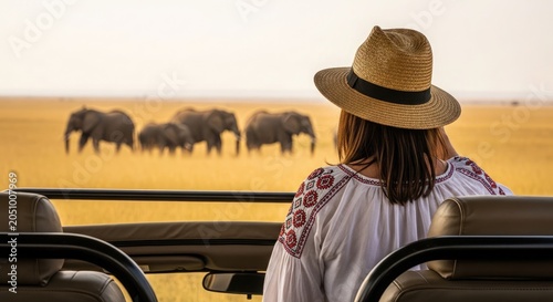 Unforgettable summer vacation safari woman observing elephant herd in african wilderness at sunset