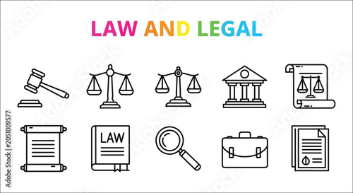Fotografie Legal Icons Set Black Line Art On White Background