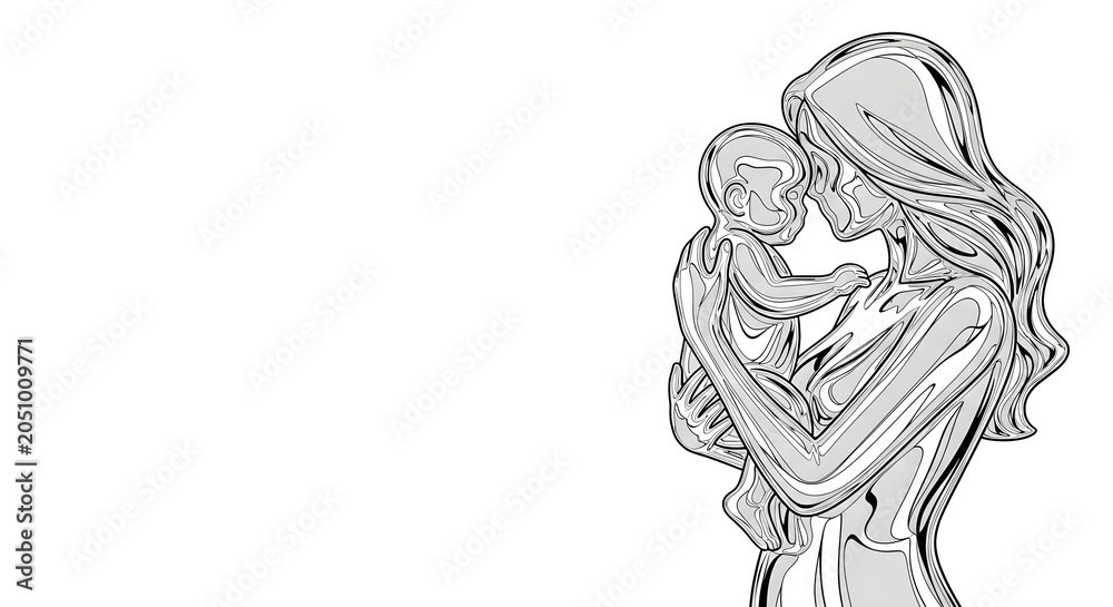 Naklejka premium Stylized illustration of a loving mother tenderly embracing her newborn baby, symbolizing maternal bond, family love, and new life. Perfect for parenting and care concepts.