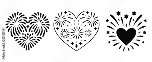Heart Fireworks silhouette Valentine icon set, Black Color simple vector icons for Love, Romance and Celebration Themed designs.