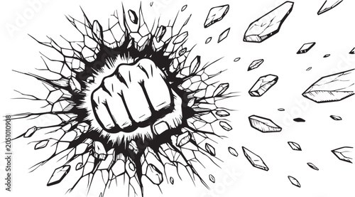 Comic book fist punching through wall, powerful hand breaking concrete surface, black and white ink sketch of explosion and flying debris
