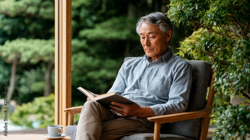 Fototapeta premium Elderly man reading a book in a cozy chair near a window with a view of greenery in the afternoon