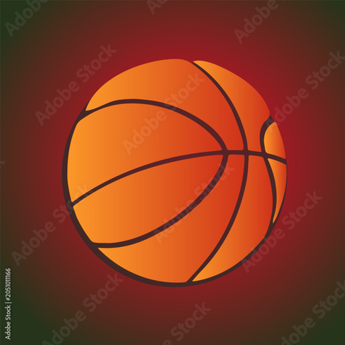 An orange basketball against a dark red gradient background. Colorful vector element, sports and team games
