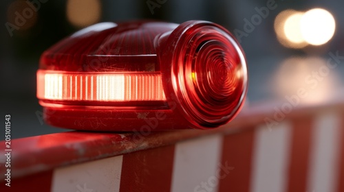 Red warning light on barrier signaling caution in urban setting during evening hours