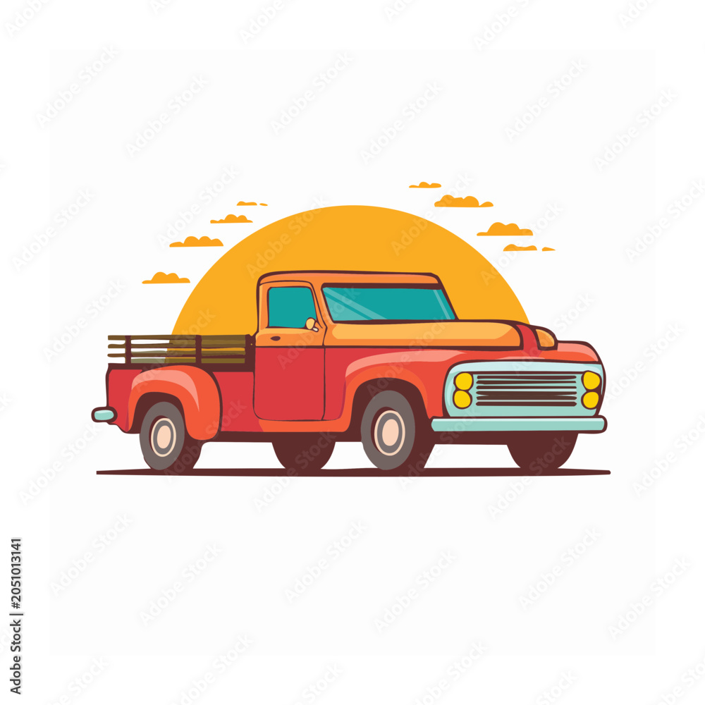 Fototapeta premium Vintage red pickup truck illustration at sunset
