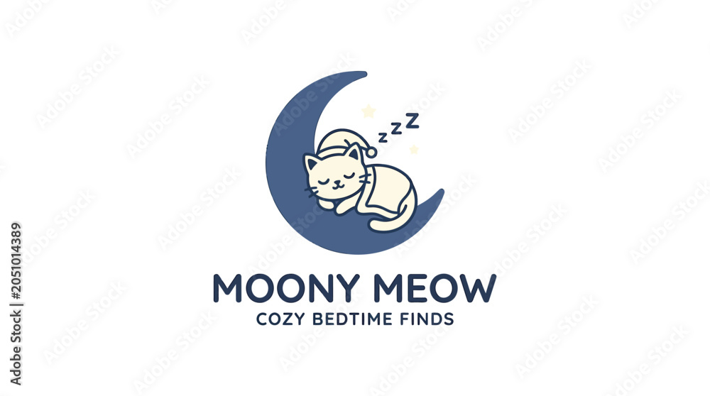 Fototapeta premium Serene sleeping cat on crescent moon bedtime logo