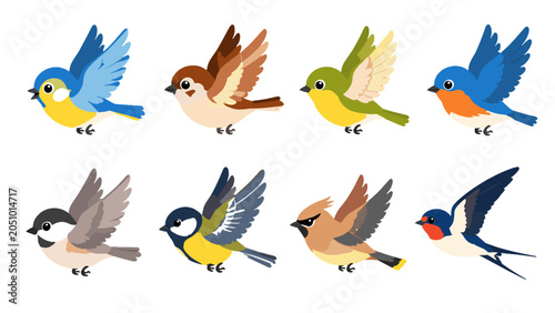Foto Set of colorful flying songbirds in flat vector style