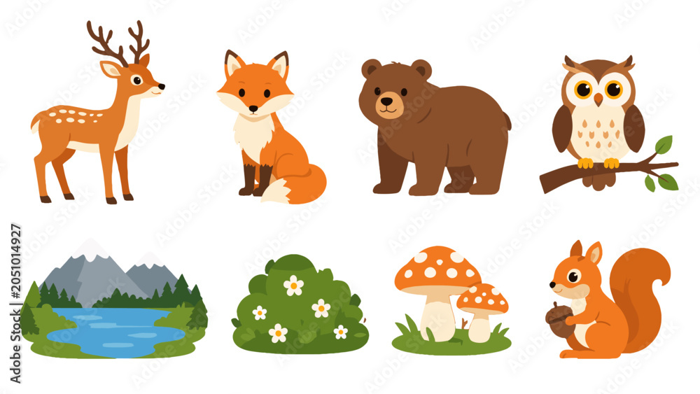 Fototapeta premium Cute woodland animals and forest nature element vector set