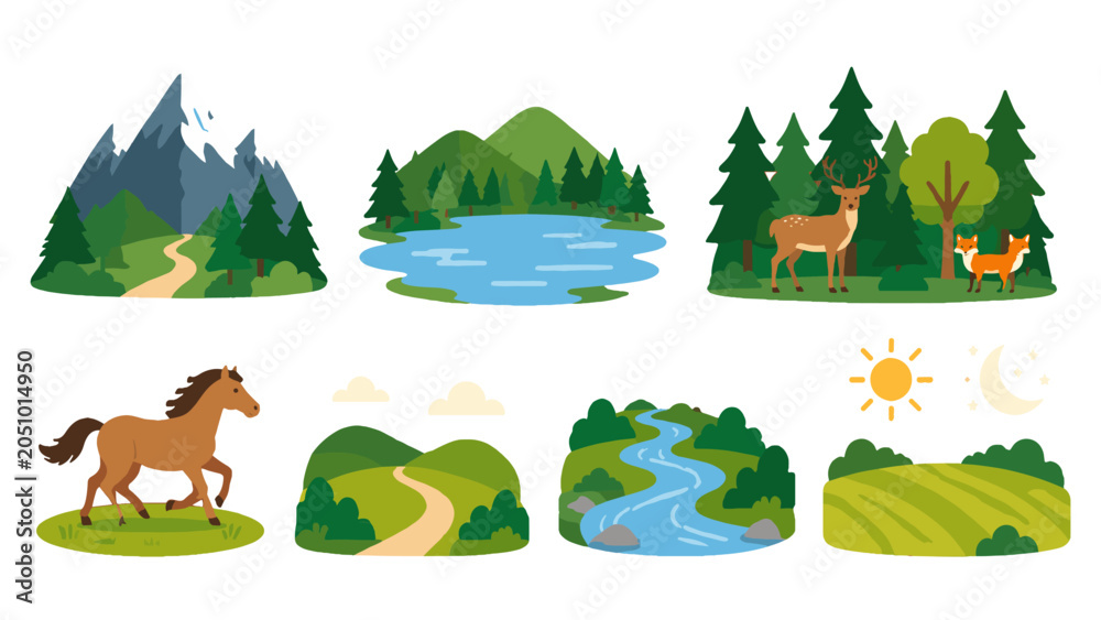 Fototapeta premium Set of flat nature landscape scenes with forest, lake, river and animals