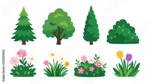 Bild auf Leinwand Cartoon trees bushes and flowers set isolated on white