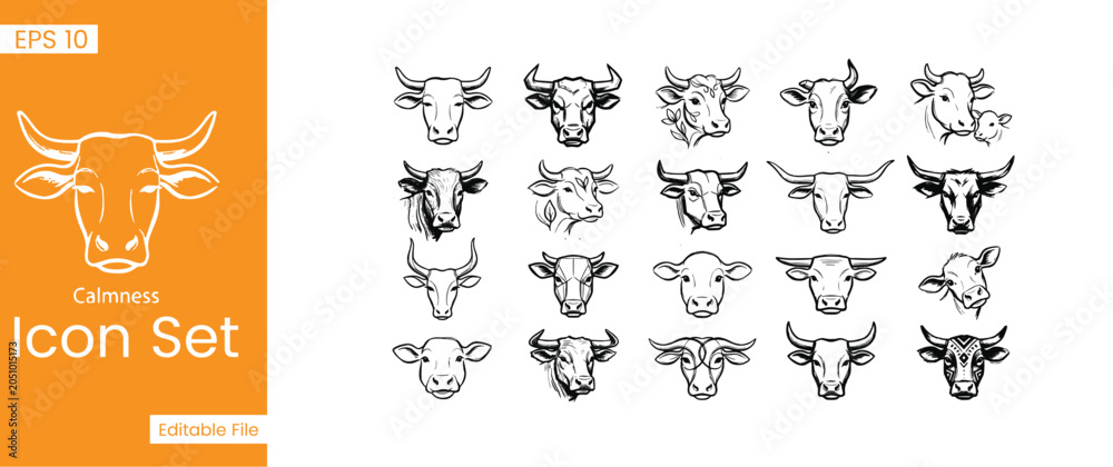 Obraz premium Cattle and Buffalo Head Sketch Icon Set featuring Bull Cow Horns Livestock Animal Breeds Ranch Farming and Butchery Line Art Vectors