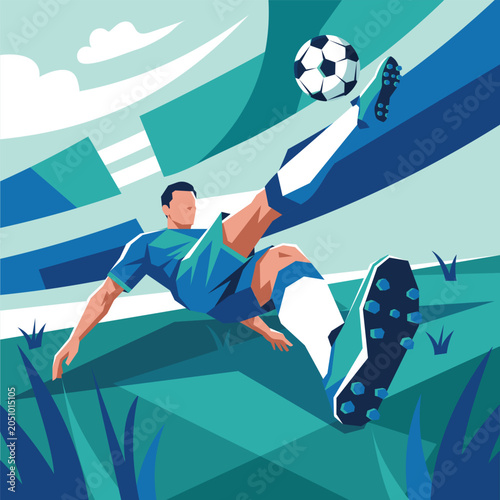 Dynamic Soccer Player Kicking Ball in Mid-Air Stadium Illustration