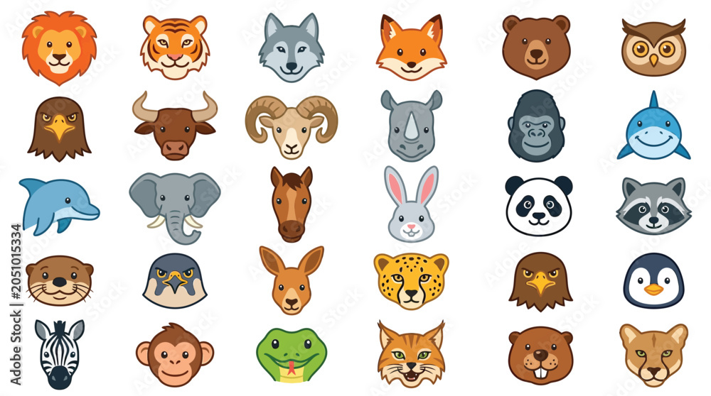 Obraz premium Round cartoon animal sticker and avatar icon collection, designed as a cute set of profile avatars and digital stickers for social media, apps, and creative branding.