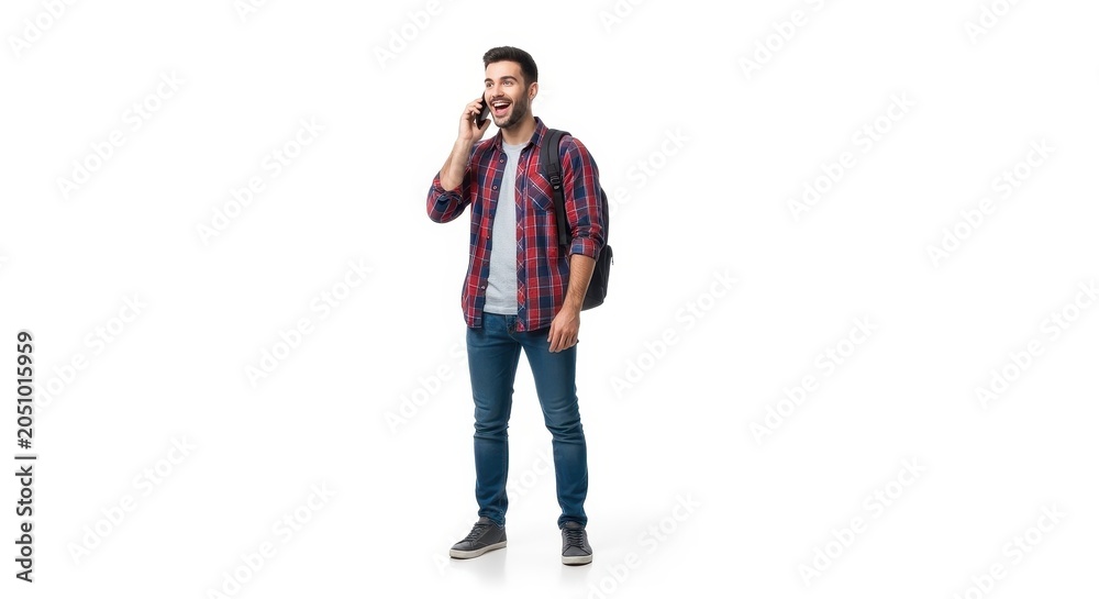 Fototapeta premium Young Man Talking on Phone with Backpack Isolated.