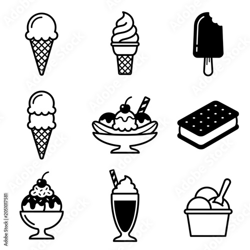 9 item Black and white ice cream icons set sweet dessert graphics