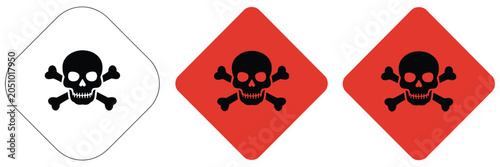 Photos set of hazardous skull and crossbones warning symbols, red and black toxic danger icons for safety labels, industrial hazard signs and cautionary design elements