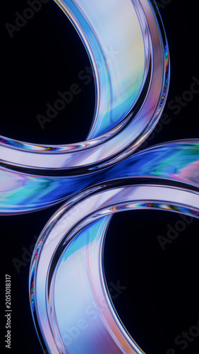 Two Glass Iridescent Rings Intertwined Chromatic Dispersion Black Vertical Background 3D Render