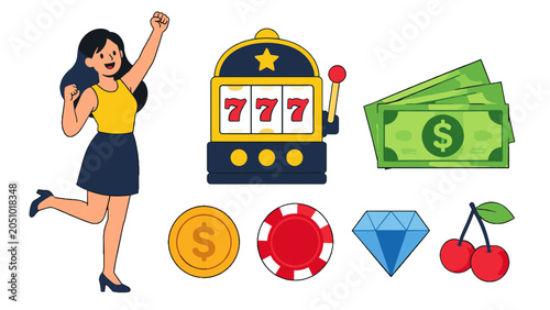 Bild auf Leinwand Winning casino icons with woman, slot machine, cash and symbols