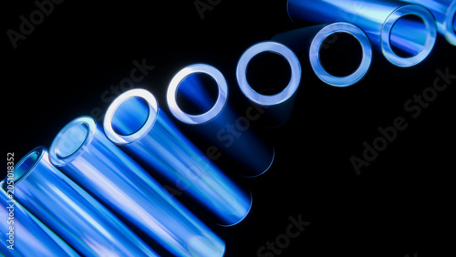 Blue Glass Cylinders Diagonal Array Iridescent Black Background 3D Render