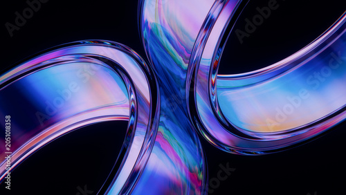 Two Glass Iridescent Rings Intertwined Chromatic Dispersion Black Background 3D Render