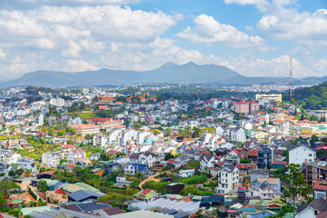 Awesome aerial view of Dalat city, Vietnam. Scenic Dalat skyline