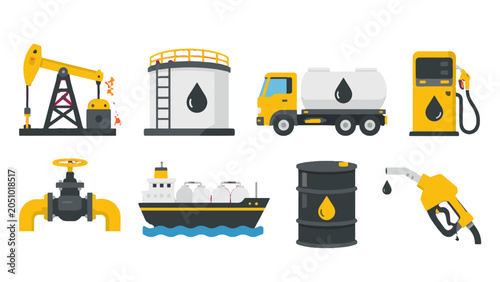 Tableau sur toile Oil industry equipment and fuel icons set in flat vector style
