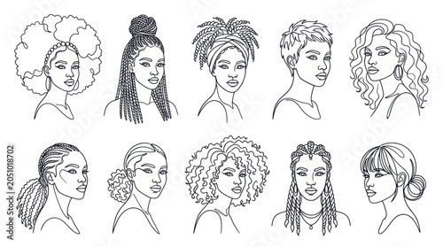 Foto Diverse Women Hairstyles Line Art Illustration - Black Hair, Braids, Afros, Twis