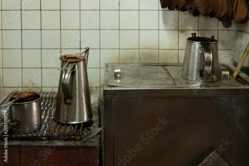 Traditional Kopi Brewing Equipment in Old Kopitiam Kitchen, Singapore