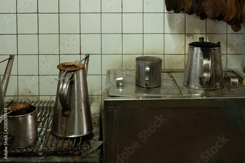 Traditional Kopi Brewing Equipment in Old Kopitiam Kitchen, Singapore