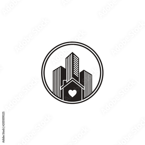 Circular cityscape icon with heart and skyscraper silhouettes.
