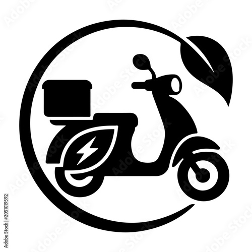 Eco Friendly Electric Delivery Scooter Black Silhouette Logo with Green Leaf and Lightning Bolt Symbol Sustainable Food Courier Service Monochrome Icon EV Motorbike Emblem Isolated on White Background
