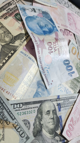 collage made of dollars and Turkish liras
